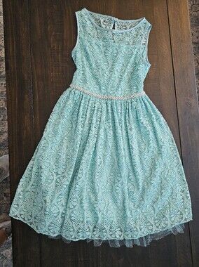 Speechless Girls Aqua Lace Formal Dress with Rhinestone Waist